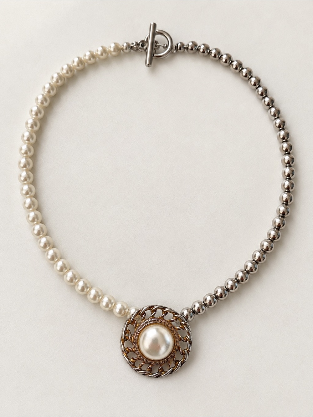 UPCYCLED Vintage White Pearl and Silver Bead Necklace with Gold-Tone Medallion